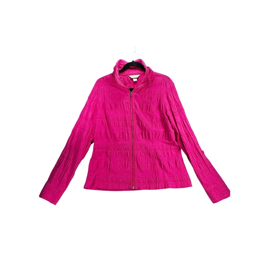 Christopher & Banks Pink Full Zip Jacket Women's Large Roll Tab Sleeve Textured